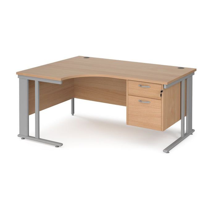 Maestro 25 cable managed leg left hand ergonomic desk with 2 drawer pedestal Desking Dams Beech Silver 1600mm x 1200mm