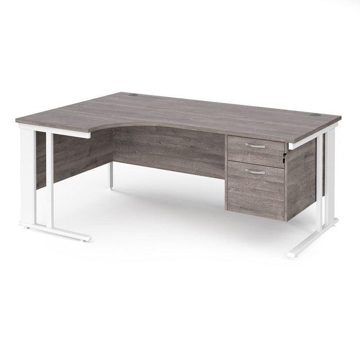 Maestro 25 cable managed leg left hand ergonomic desk with 2 drawer pedestal Desking Dams Grey Oak White 1800mm x 1200mm