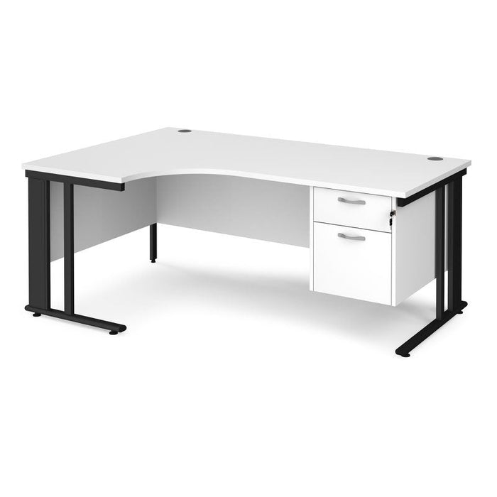 Maestro 25 cable managed leg left hand ergonomic desk with 2 drawer pedestal Desking Dams White Black 1800mm x 1200mm