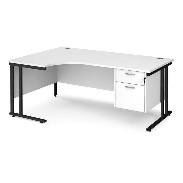 Maestro 25 left hand ergonomic corner desk with 2 drawer pedestal Desking Dams White Black 1800mm x 1200mm